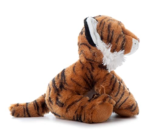 The Petting Zoo tiger stuffed animal side profile, portable cuddle buddy for travel