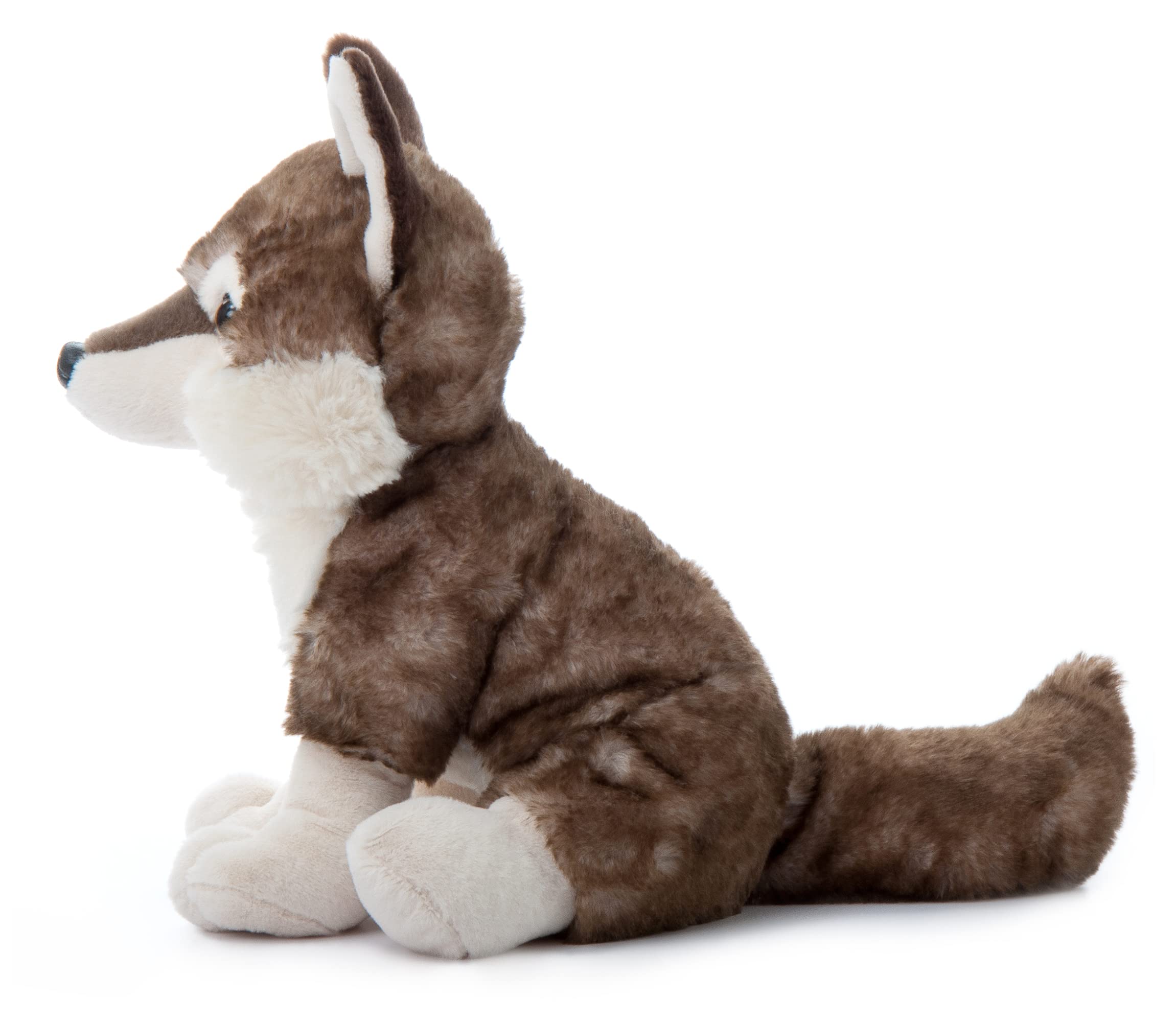 The Petting Zoo Timber Wolf plush 12-inch size, ideal for portable play and bedtime routines.