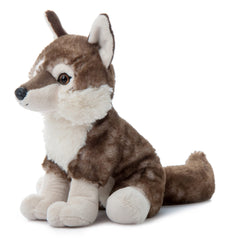 The Petting Zoo Timber Wolf plush face closeup, friendly features for cozy snuggles.