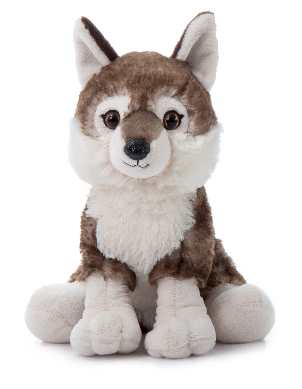 The Petting Zoo Timber Wolf plush front view, a cuddly woodland friend for imaginative play.