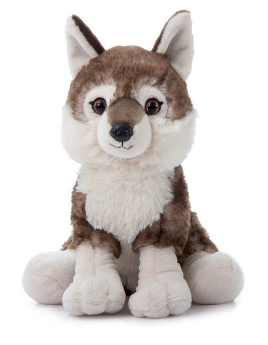 The Petting Zoo Timber Wolf plush front view, a cuddly woodland friend for imaginative play.