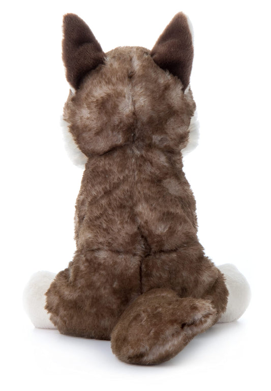 The Petting Zoo Timber Wolf plush side view, showcasing a soft and hug-friendly design.
