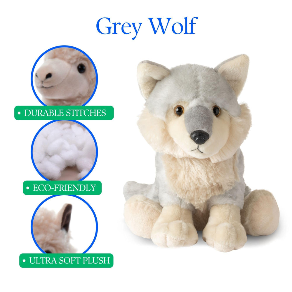 The Petting Zoo wolf plush in a pack scene for cooperative play.