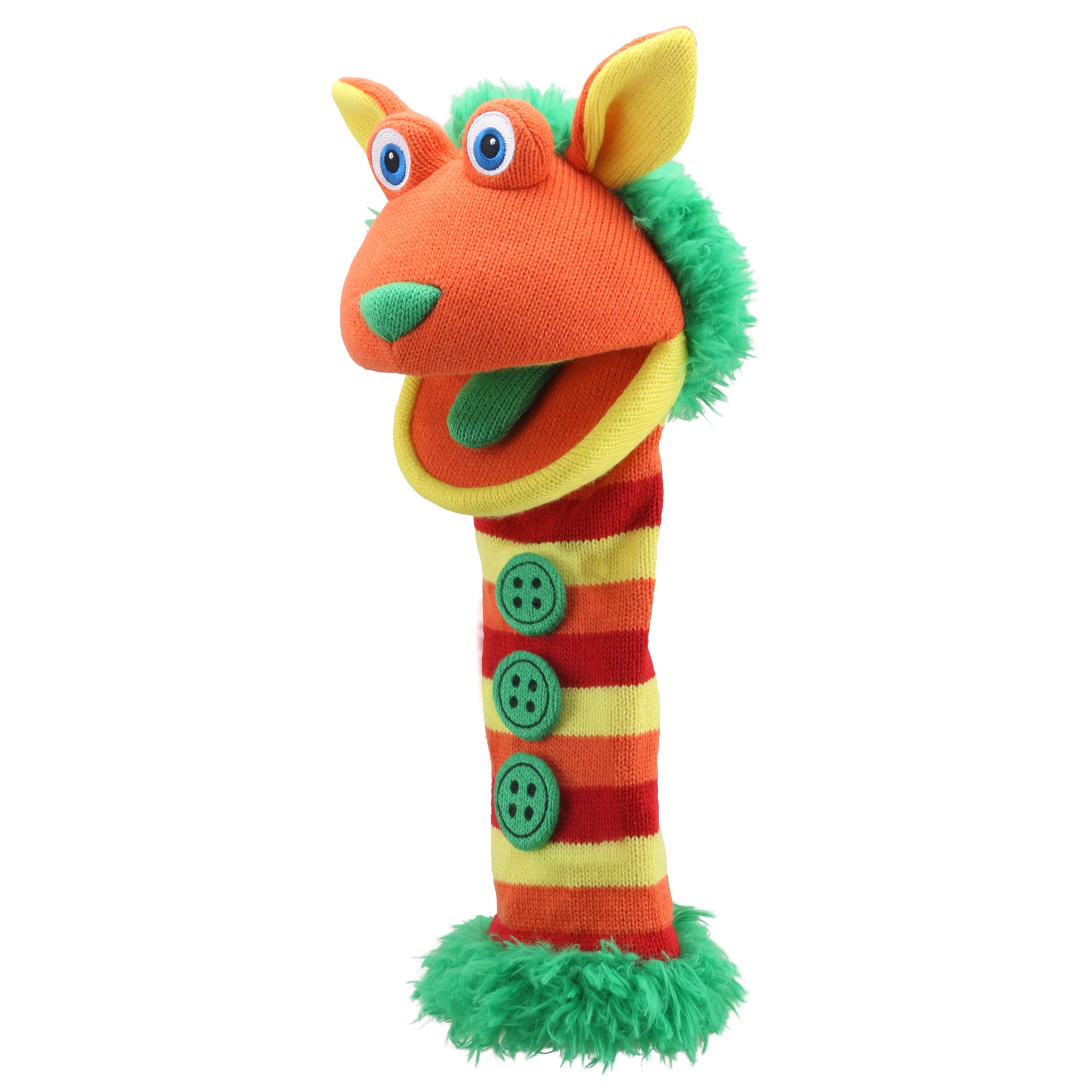 The Puppet Company Knitted Buttons hand puppet, side view, portable and expressive.
