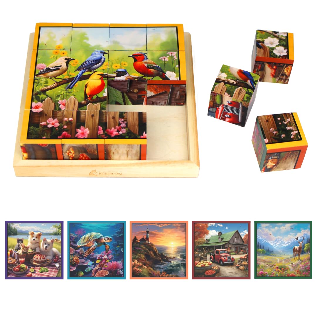 The Radiant Owl six-16-piece puzzle cubes for seniors offer engaging cognitive activity.