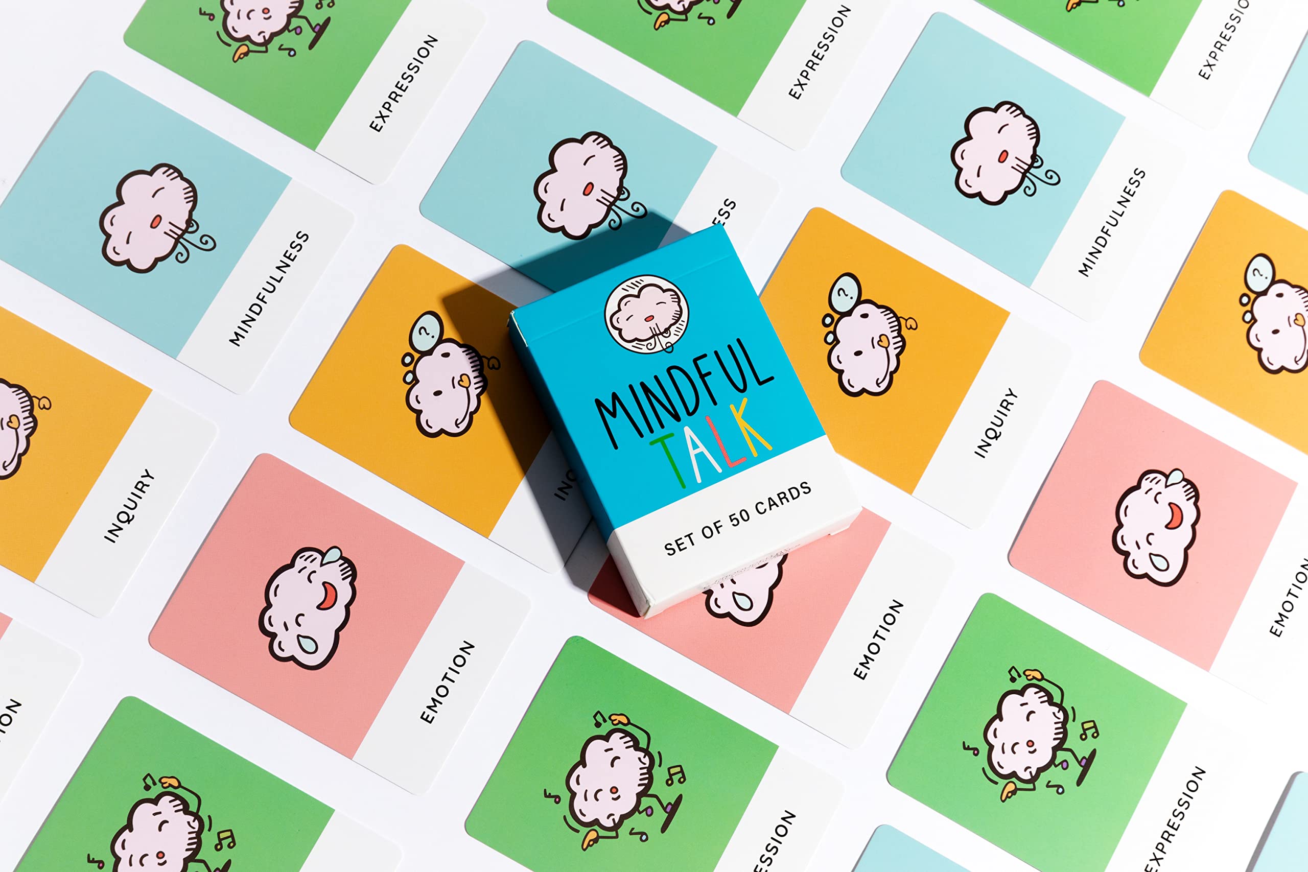 The School of Mindfulness emotion cards closeup highlights feelings cues.