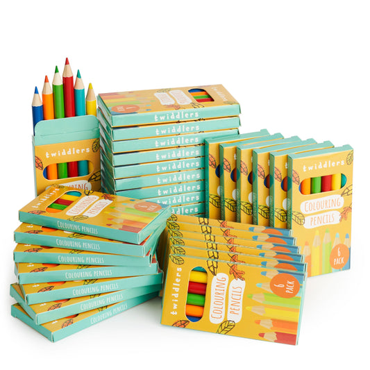 The Twiddlers mini colored pencils in 30-pack boxes for classroom art and party favors.