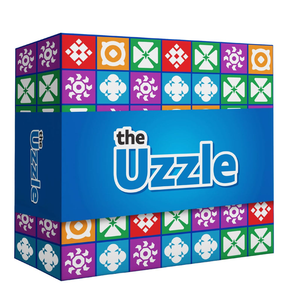The Uzzle 3.0 board game on a table ready for family play and quick learning.