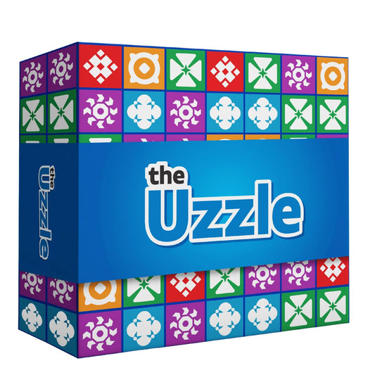 The Uzzle 3.0 board game on a table ready for family play and quick learning.