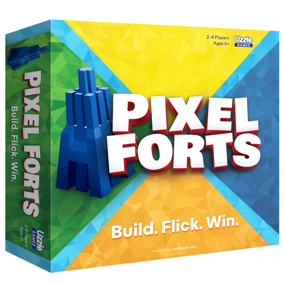The Uzzle Pixel Forts setup with four forts ready for quick family play.