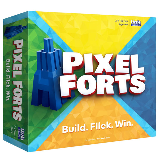 The Uzzle Pixel Forts setup with four forts ready for quick family play.