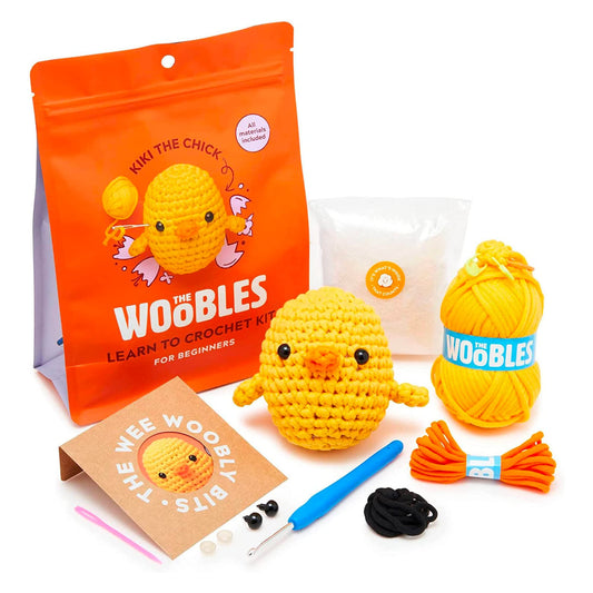The Woobles Kiki Chick crochet kit content for beginners and quick starts.