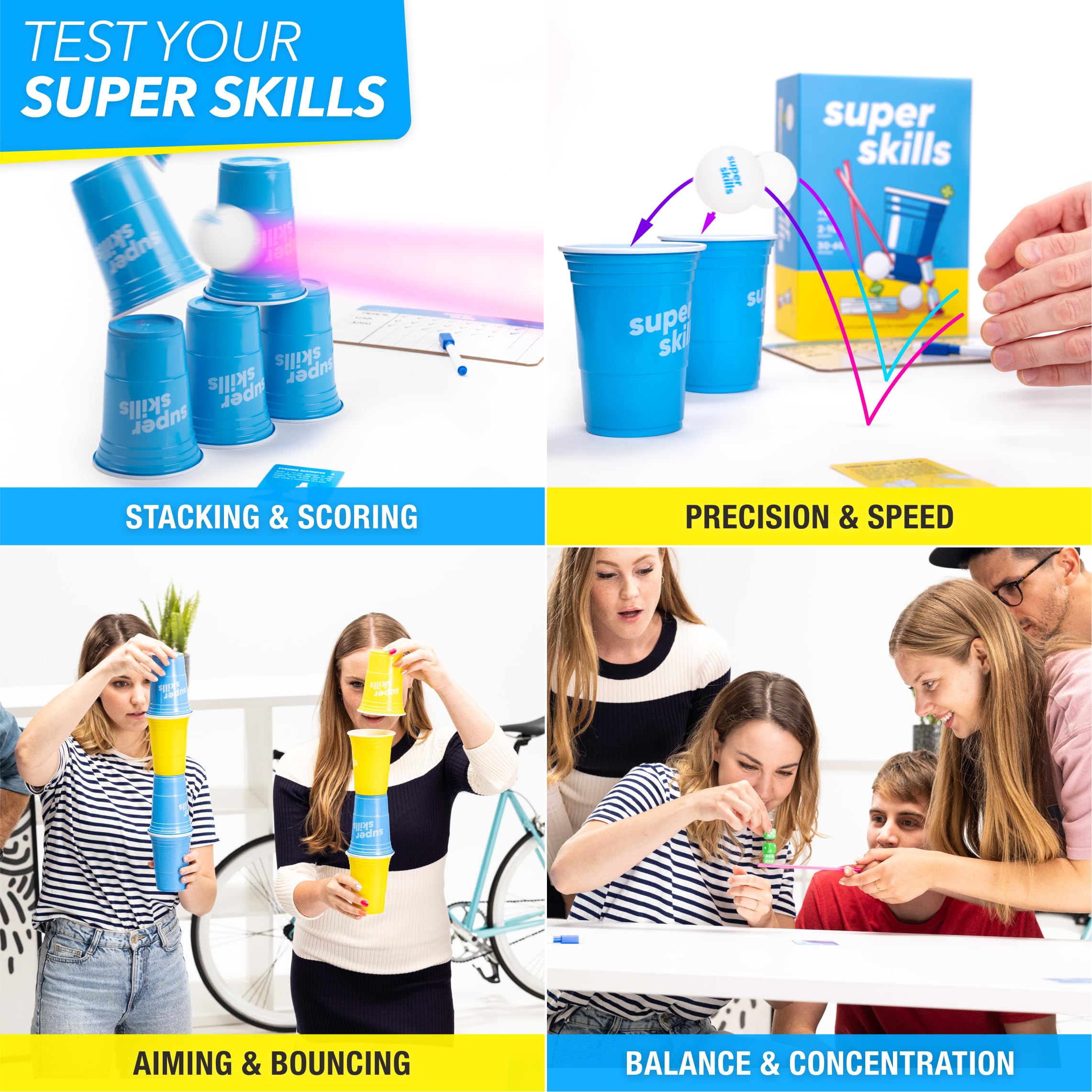 The World Game Super Skills blindfold setup challenges perception and teamwork.