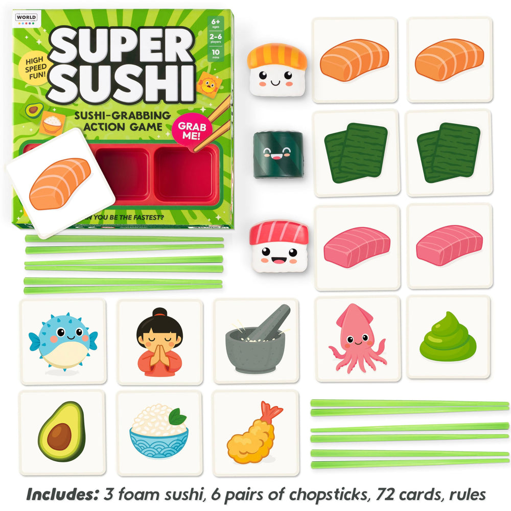 The World Game Super Sushi chopsticks used for quick sushi grabs.