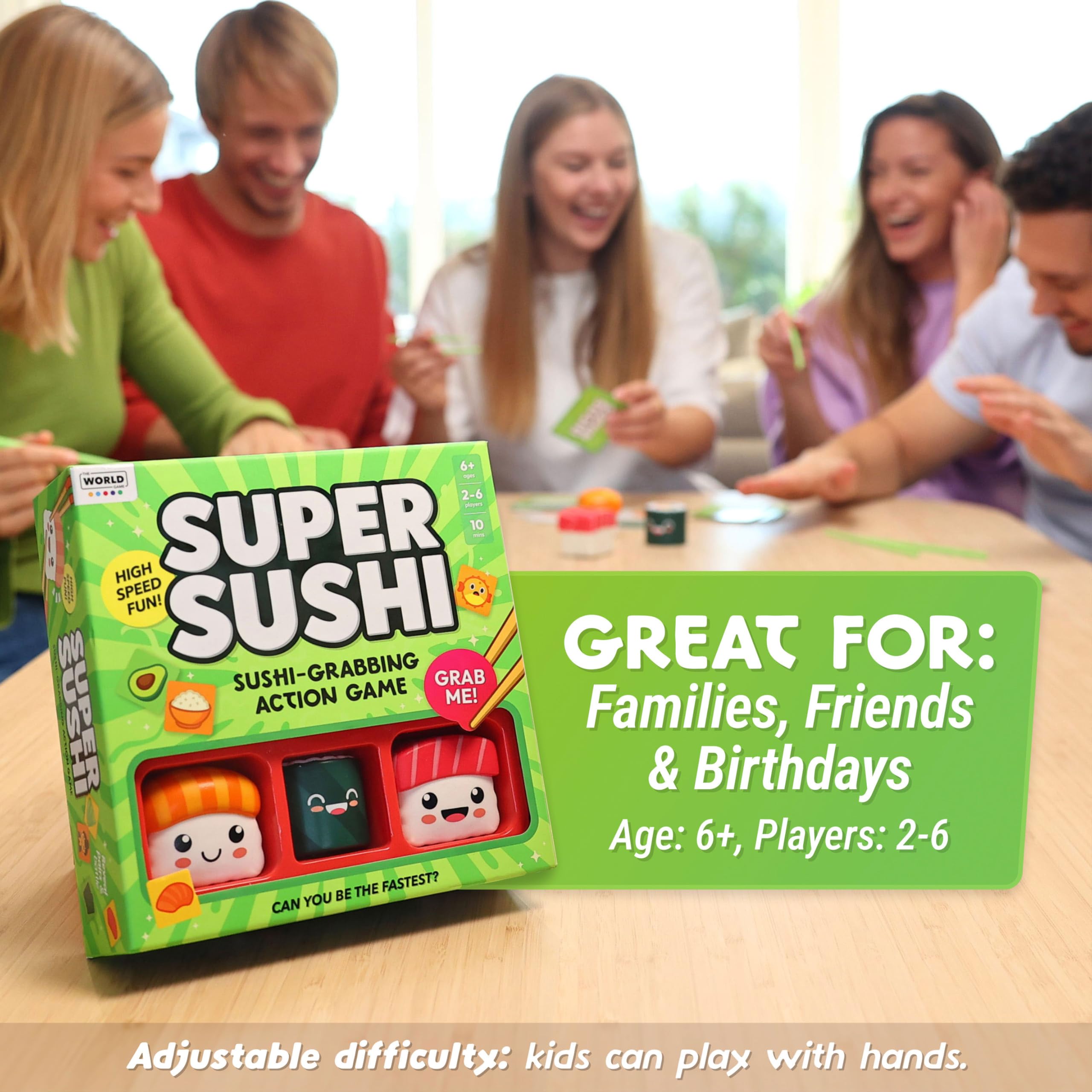 The World Game Super Sushi family round captures laughter around the table.