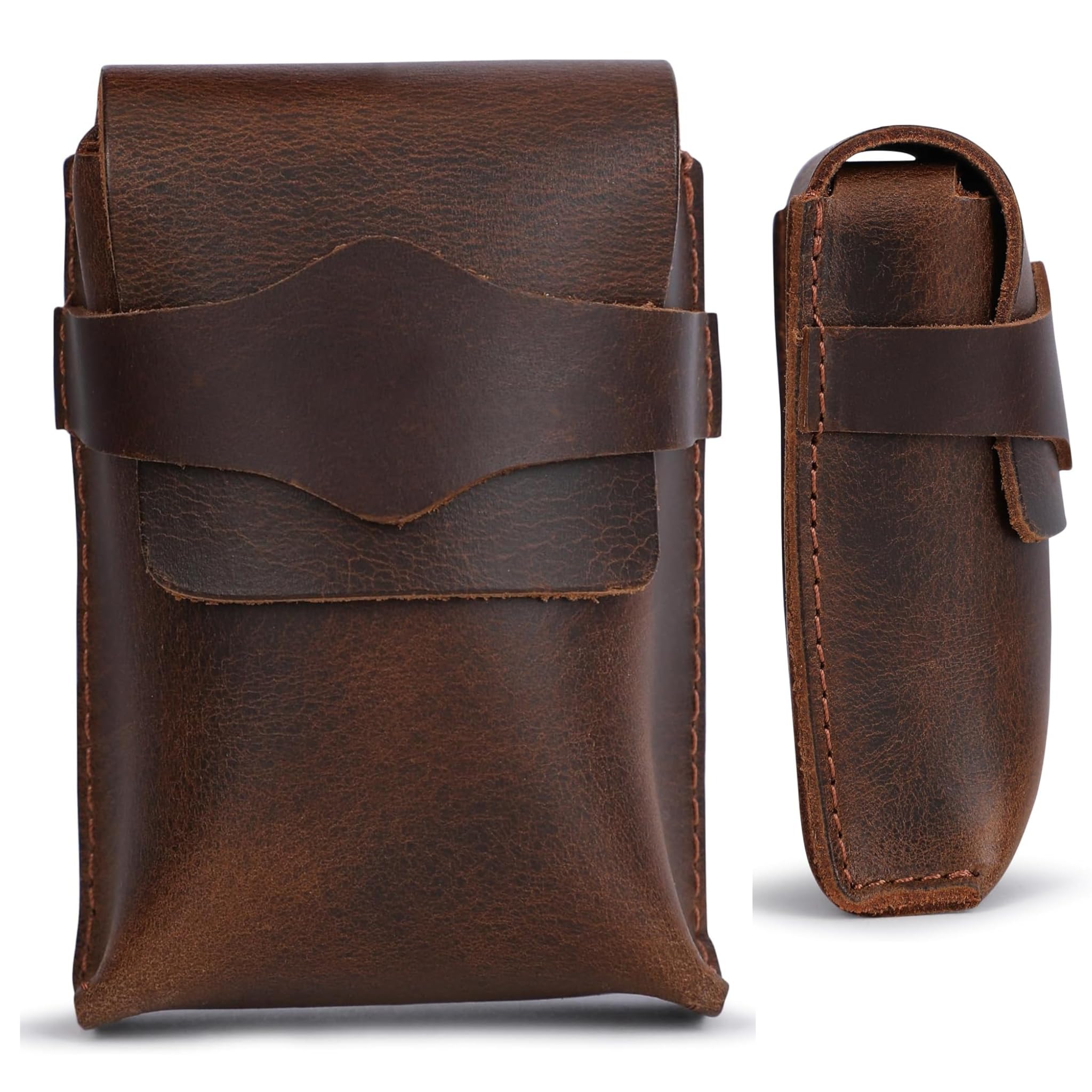TheAntiq brown leather card case with flap closure for quick card access.