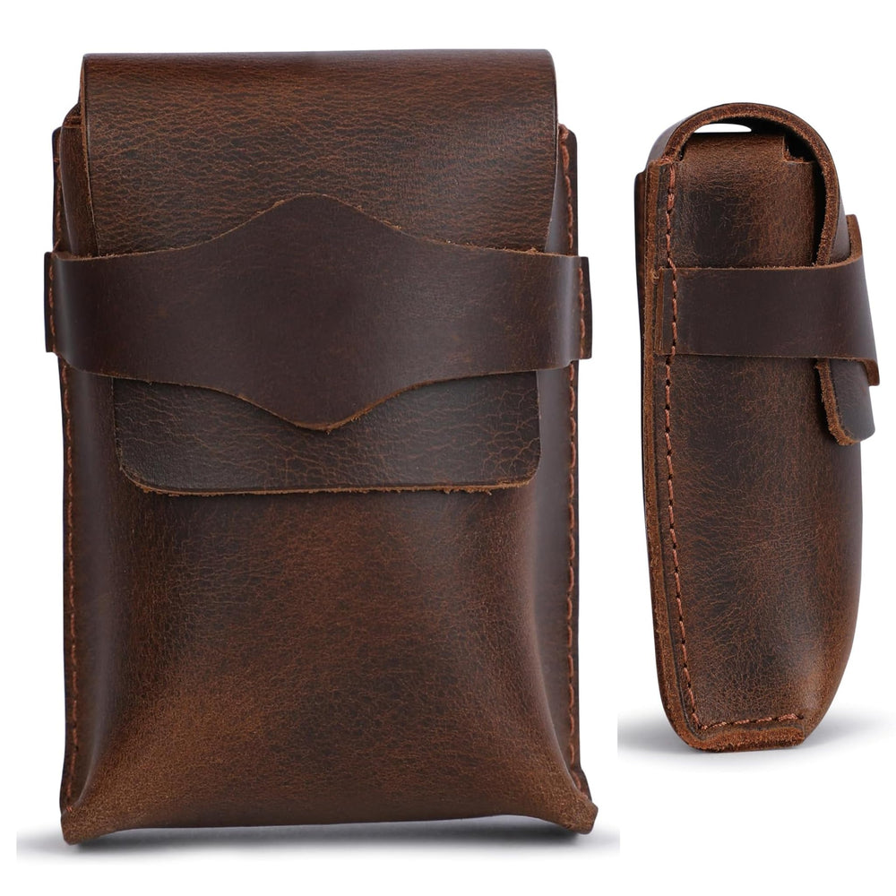 TheAntiq brown leather card case with flap closure for quick card access.