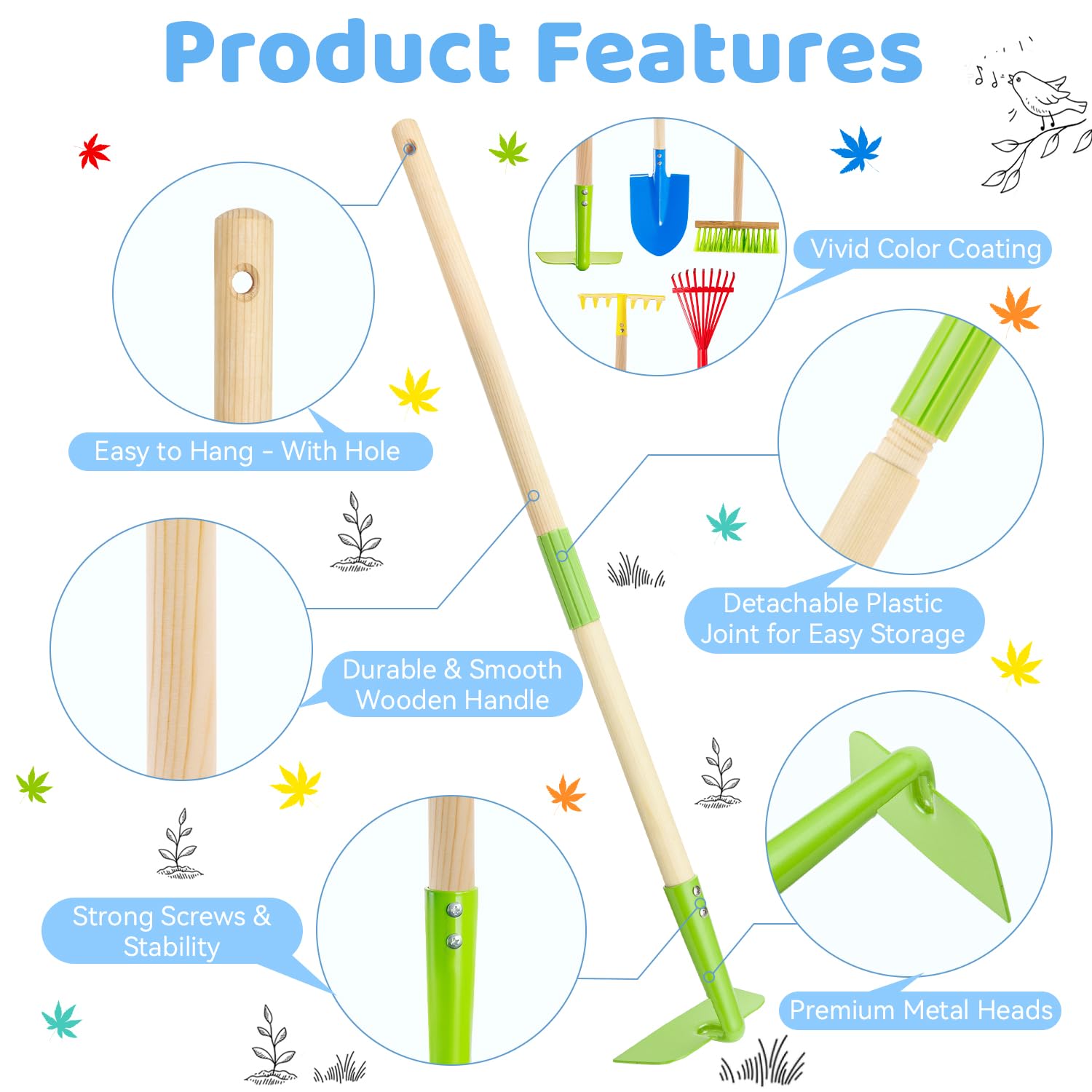 Theefun kids garden tool set leaf rake: gentle rake for collecting leaves during outdoor play.