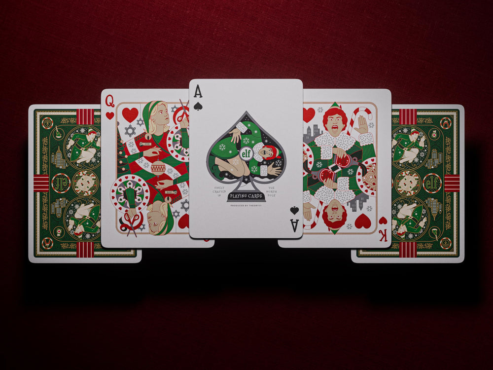 theory11 Elf-inspired characters on cards, festive game night vibe