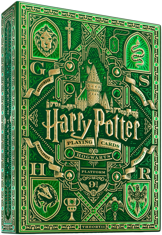 theory11 Harry Potter Playing Cards Slytherin Green foil box highlights luxurious packaging for display.