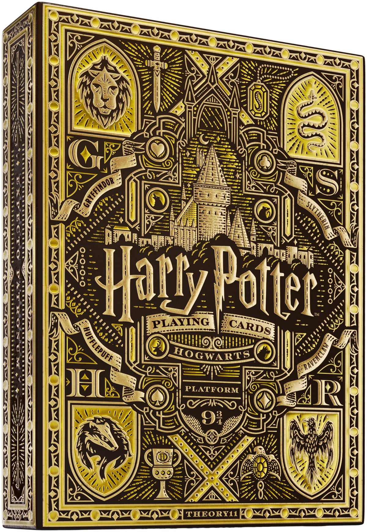 theory11 Harry Potter Playing Cards box with gold foil and embossing for a luxe feel.