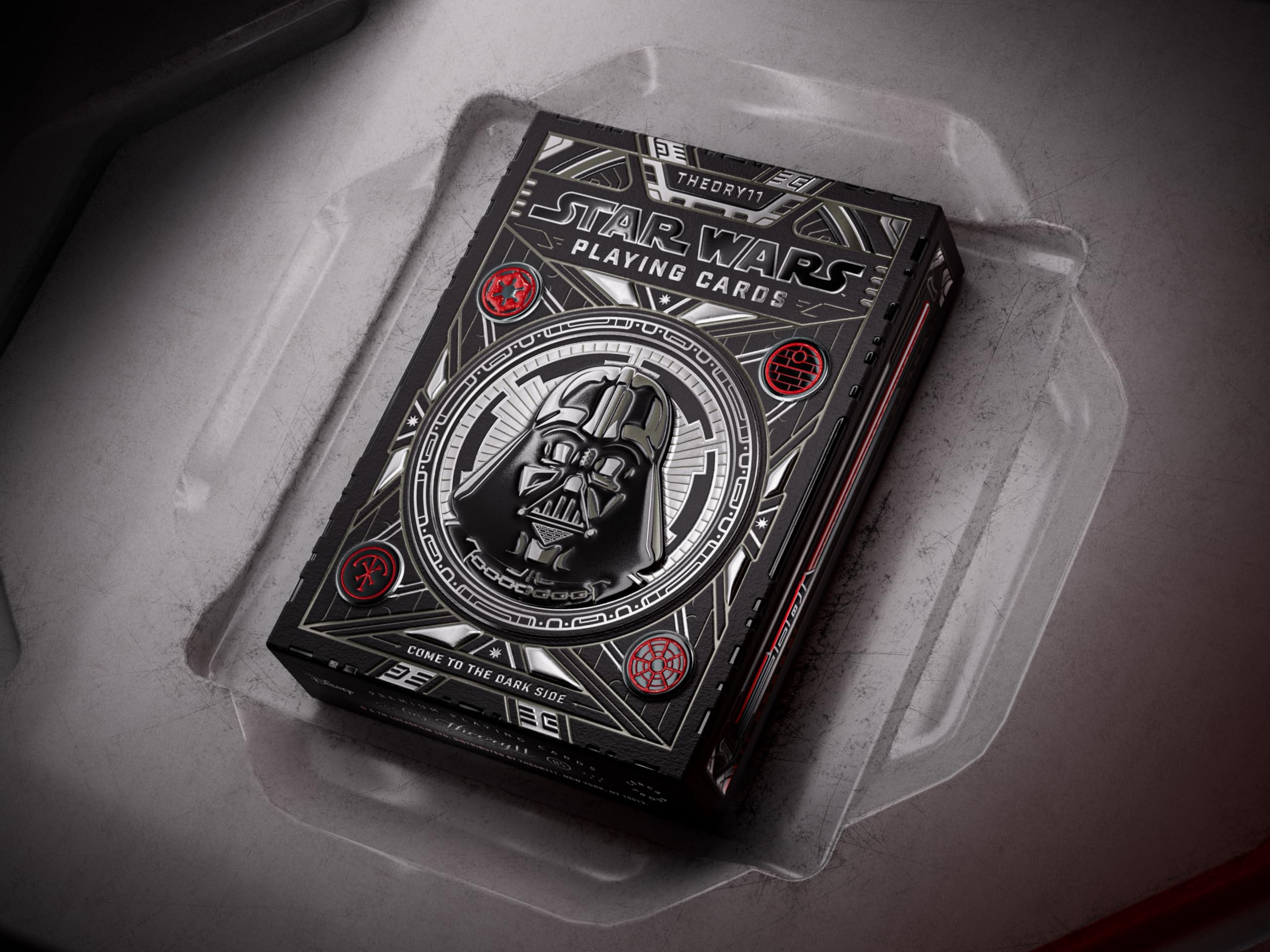 Theory11 Imperial crest foil detail highlighting the dark side packaging sophistication.