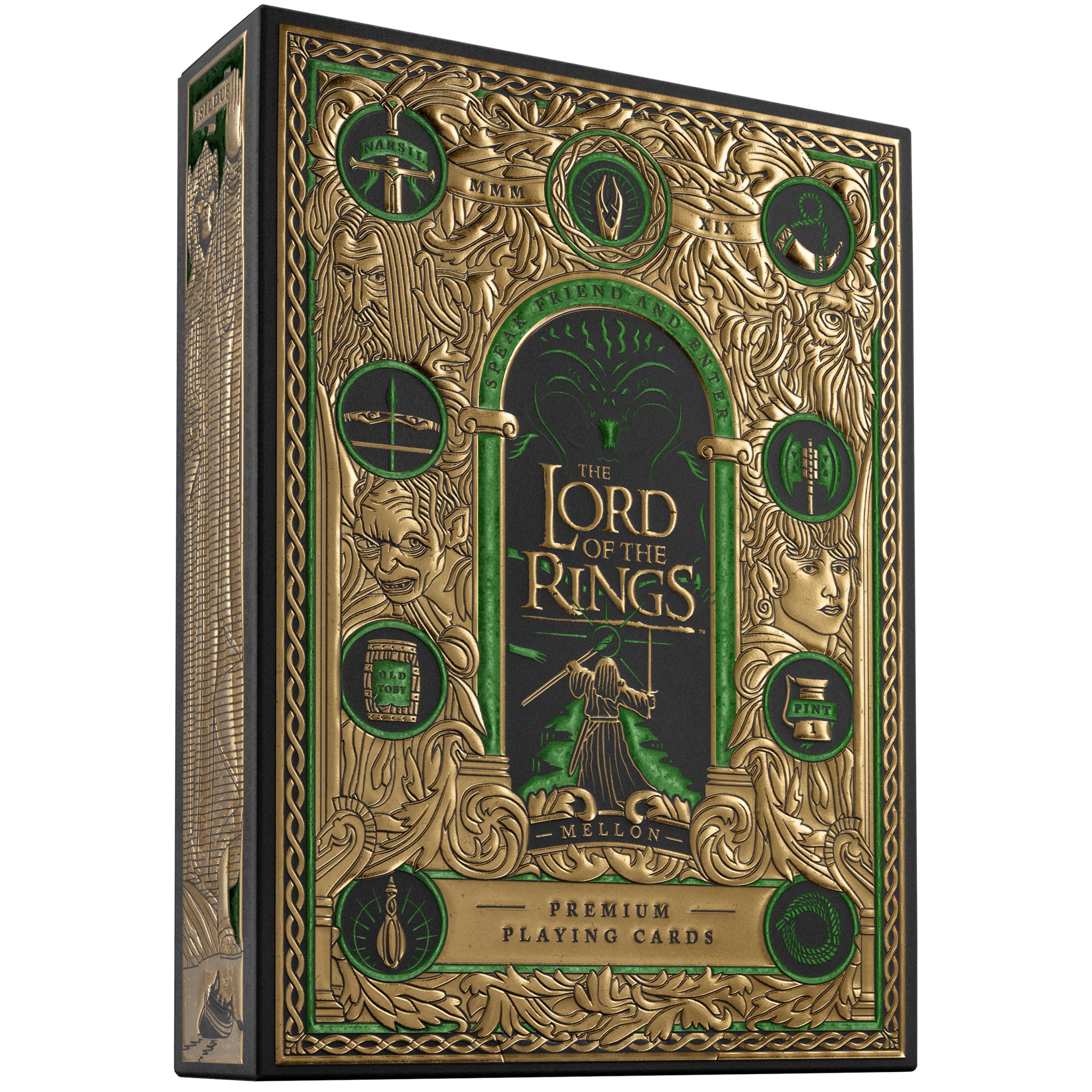 Theory11 Lord of the Rings cards front view with gold and emerald foil for premium feel