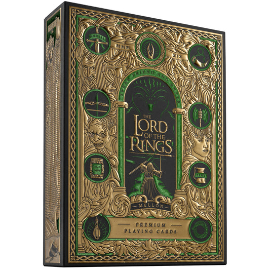 Theory11 Lord of the Rings cards front view with gold and emerald foil for premium feel