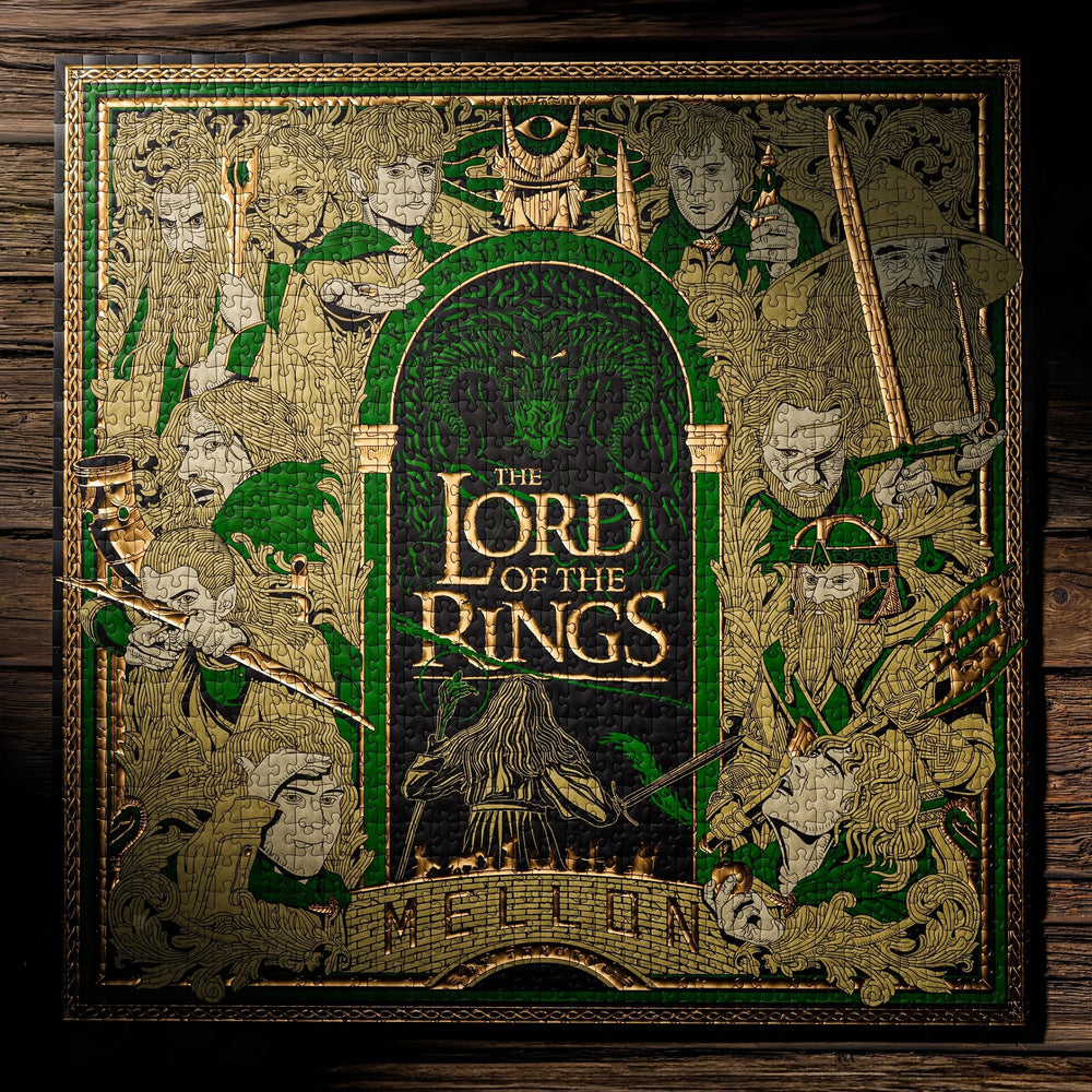 theory11 lord of the rings puzzle foil pieces sparkle with gold and green accents
