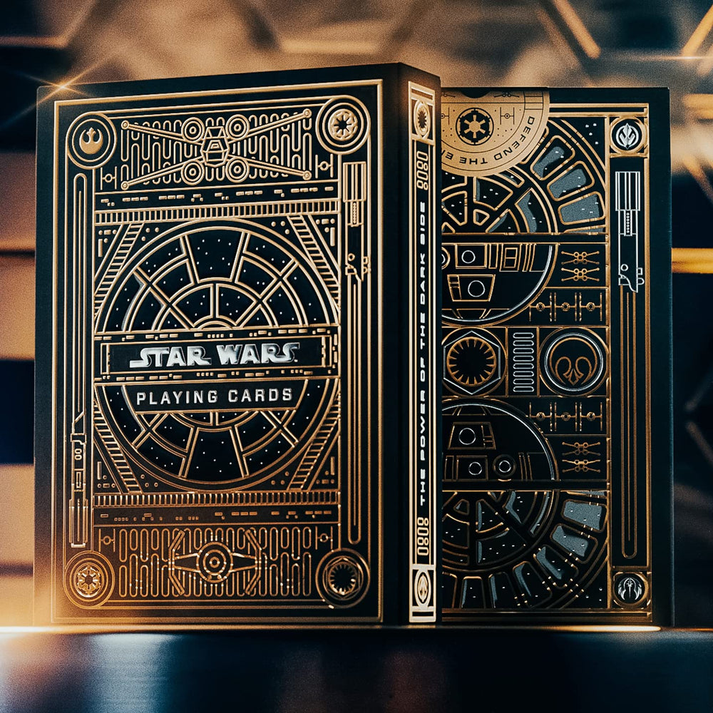 theory11 Star Wars gold foil back packaging evokes imperial windows and galactic awe.