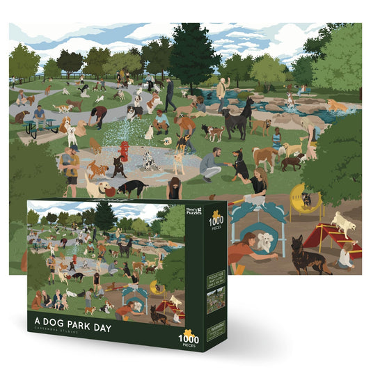 Theo's Puzzles dog park scene, a 1000-piece challenge for adults' mindful entertainment.