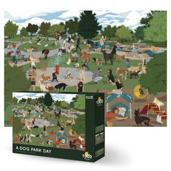Theo's Puzzles dog park scene, a 1000-piece challenge for adults' mindful entertainment.
