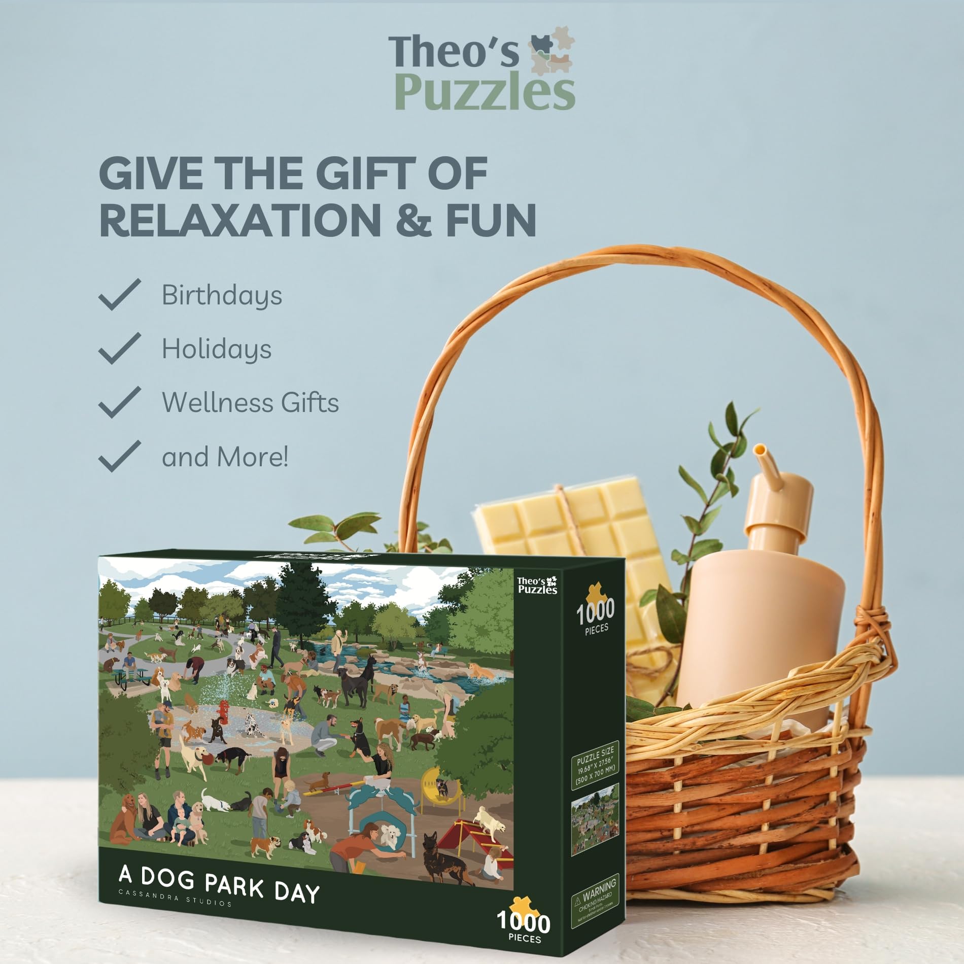 Theo's Puzzles resealable storage bag helps organize pieces after play.