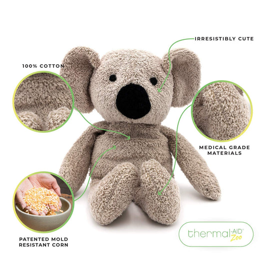 Olli Koala pack heated in microwave for quick soothing warmth.