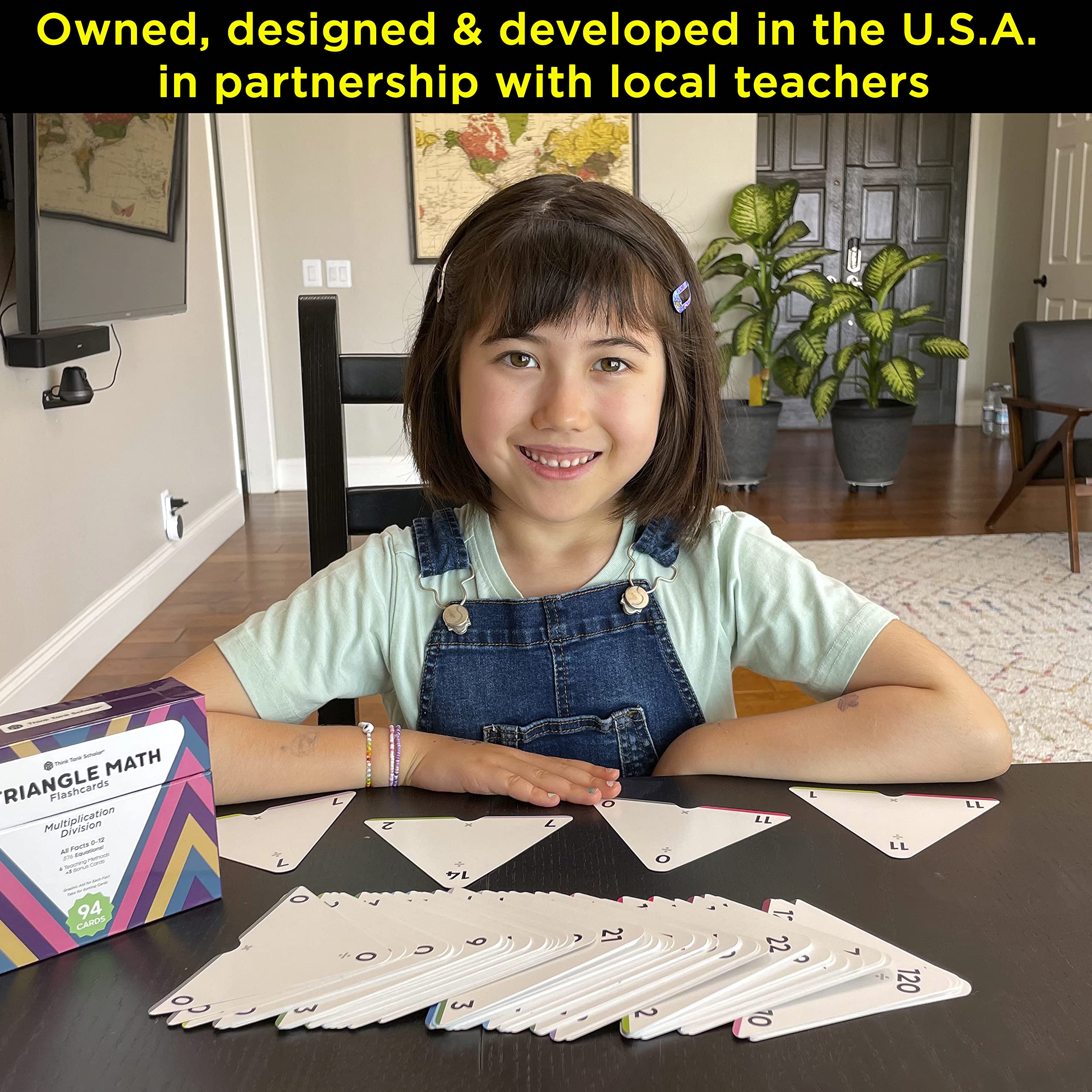 Think Tank Scholar triangle flashcards show division relations alongside multiplication to reinforce connections