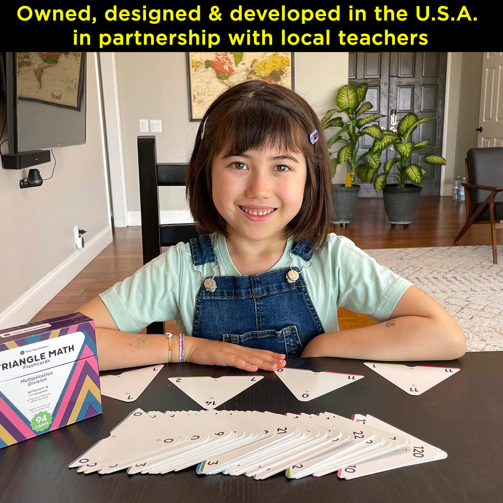 Think Tank Scholar triangle flashcards show division relations alongside multiplication to reinforce connections