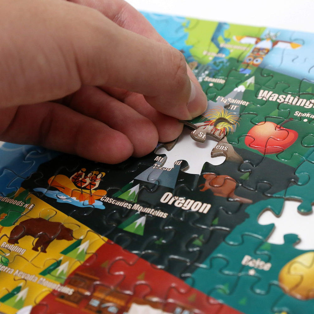 Think2Master colorful USA map art highlighting iconic landmarks to spark curiosity.
