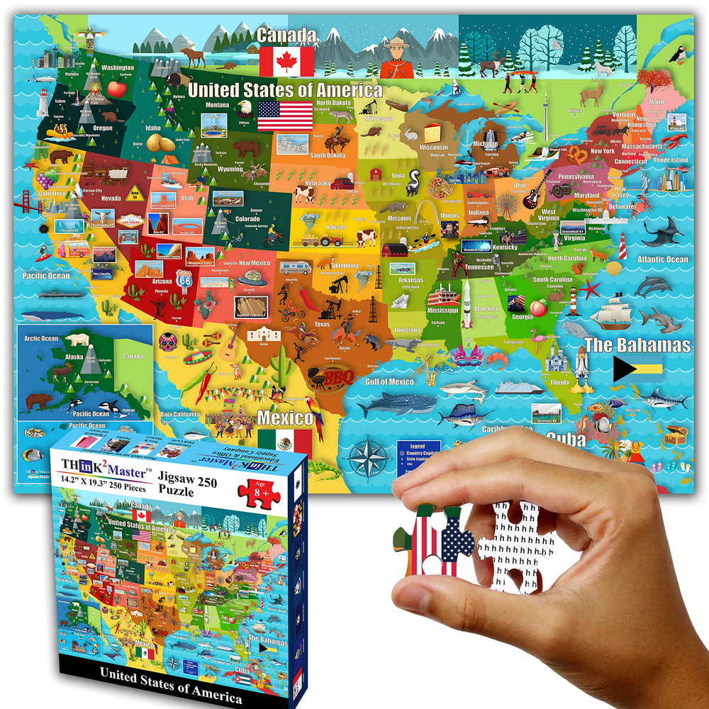 Think2Master USA map puzzle package displaying a colorful learning toy for kids