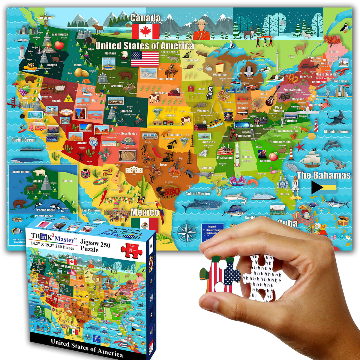 Think2Master USA map puzzle package displaying a colorful learning toy for kids