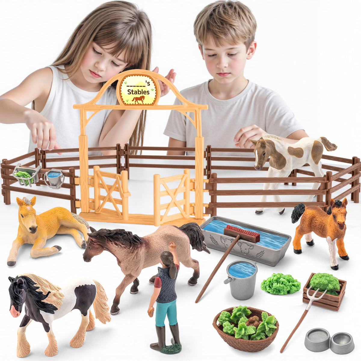THINKBAY horses stable set with feeding tools for imaginative play