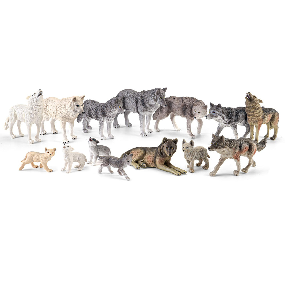 THINKBAY wolf family figurines in a forest setting for imaginative play