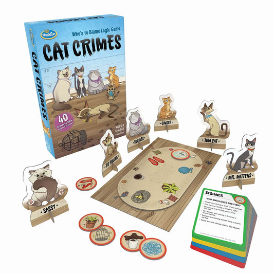 ThinkFun Cat Crimes game board ready for solving cat-themed logic puzzles.