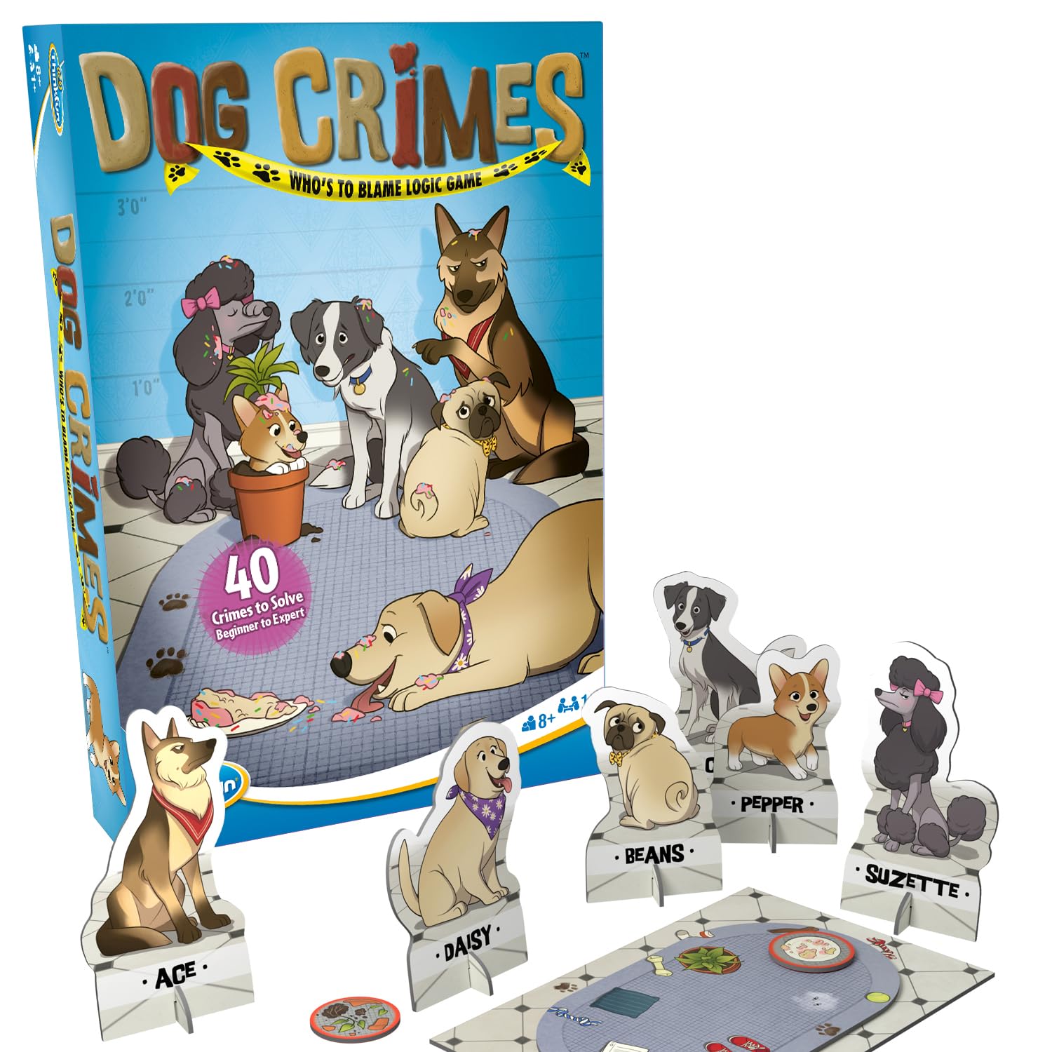 ThinkFun Dog Crimes game board shows six dog suspects for detective play.
