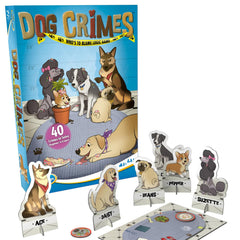 ThinkFun Dog Crimes game board shows six dog suspects for detective play.
