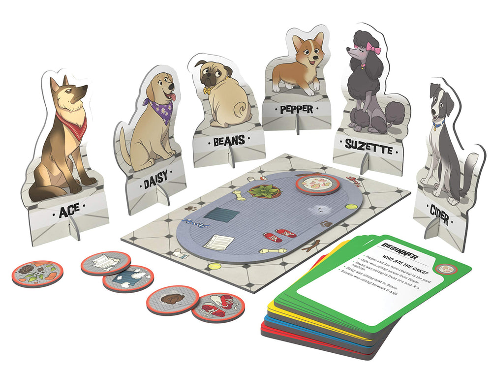 ThinkFun Dog Crimes crime tokens and clues enable strategic reasoning.