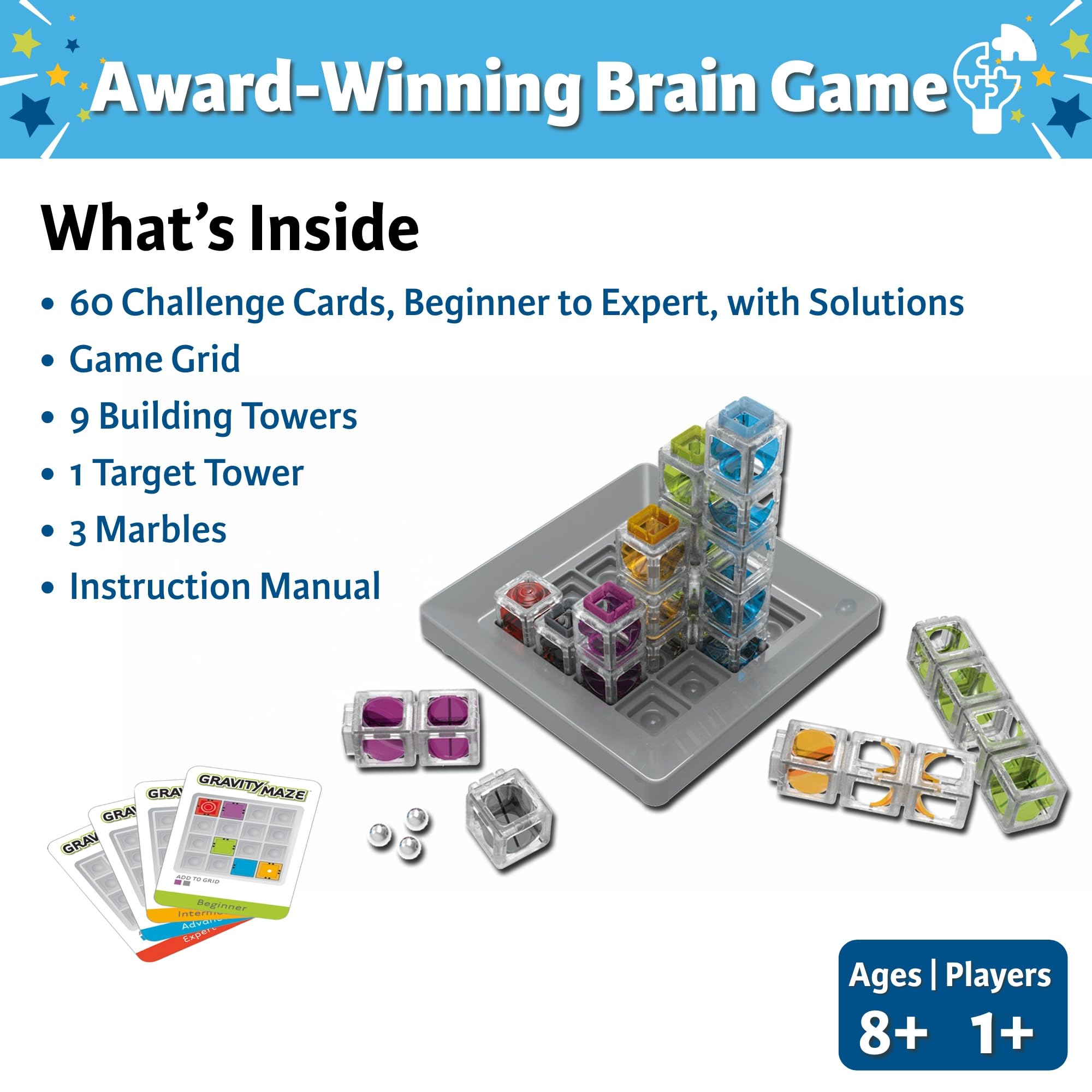 ThinkFun Gravity Maze game box contents reveal organized learning components.