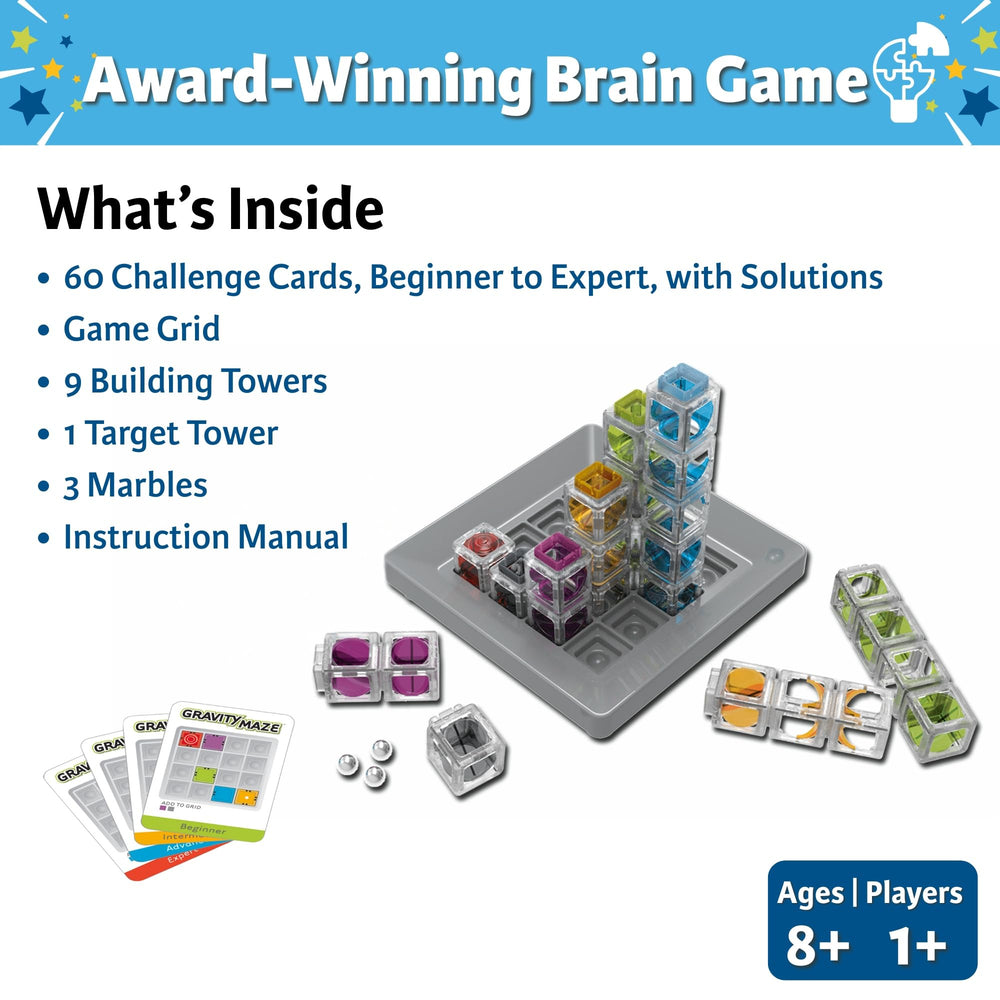ThinkFun Gravity Maze game box contents reveal organized learning components.