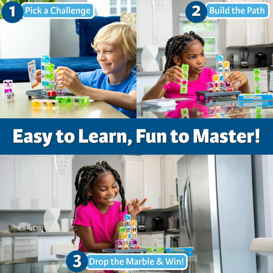ThinkFun Gravity Maze tower assembly demonstrates engineering challenges for kids.