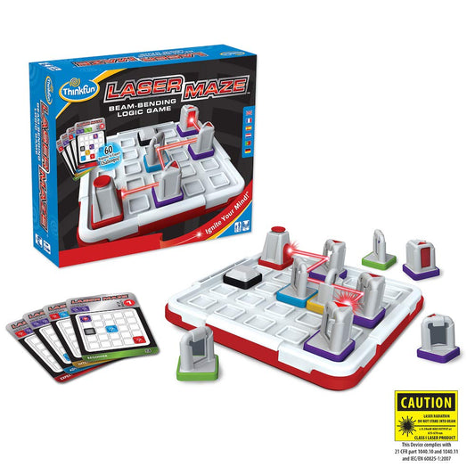 ThinkFun Laser Maze box front shows branding for engaging, brain-boosting puzzle play.