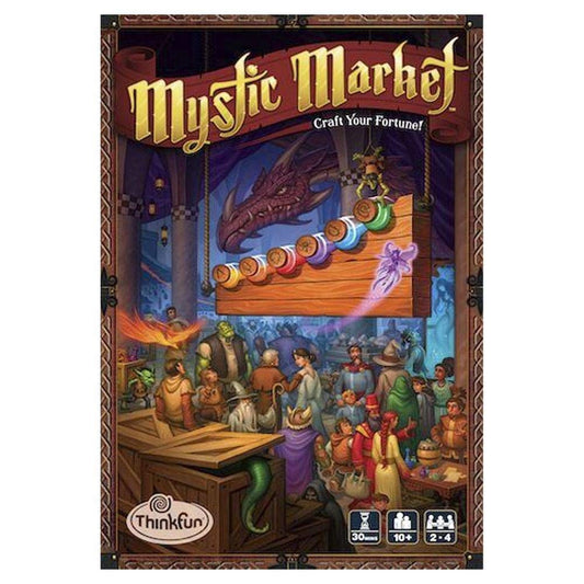 ThinkFun Mystic Market box front, inviting family game night with a bright, magical market theme.